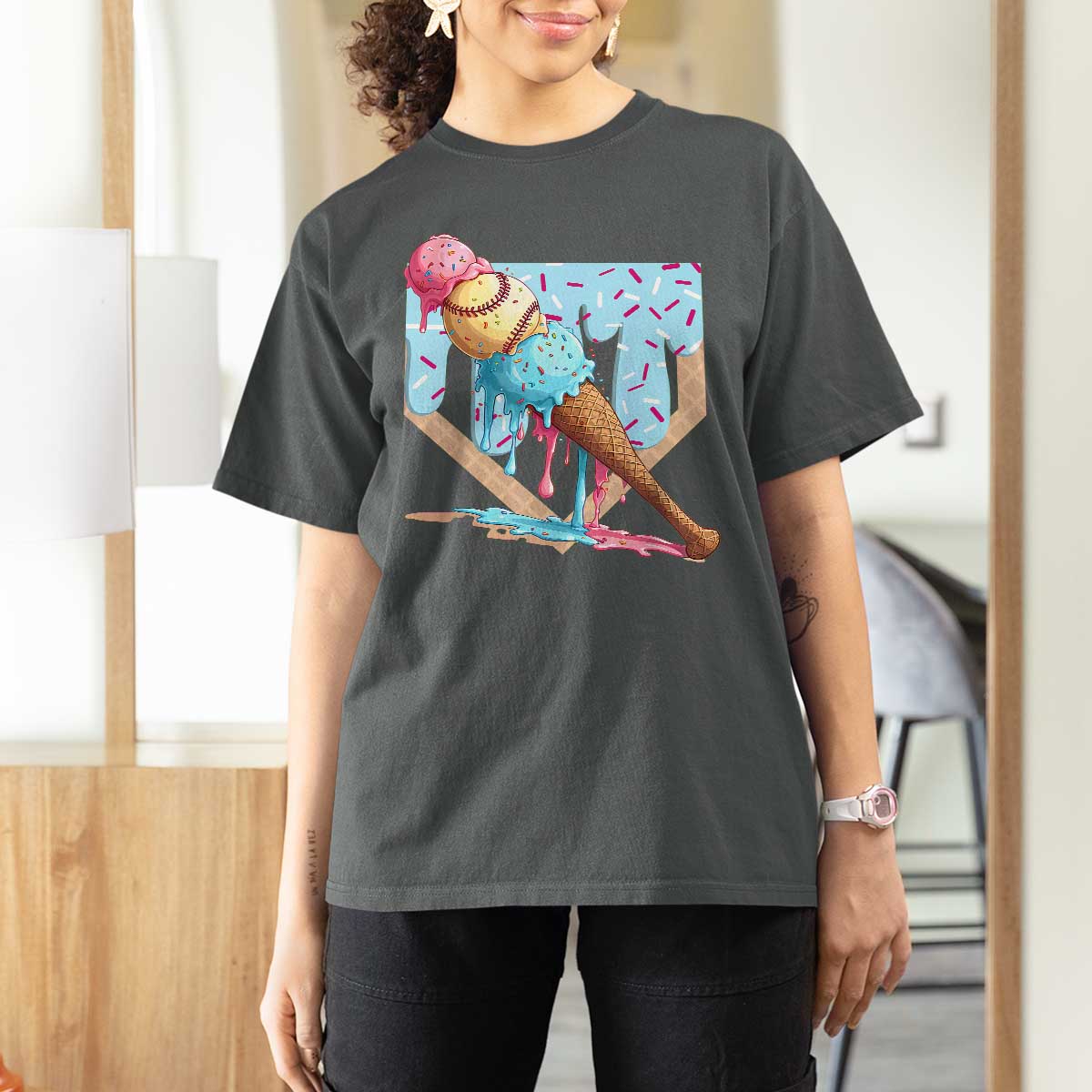 Baseball Ice Cream Dripping T Shirt For Women Baseball Bat Home Plate Drip