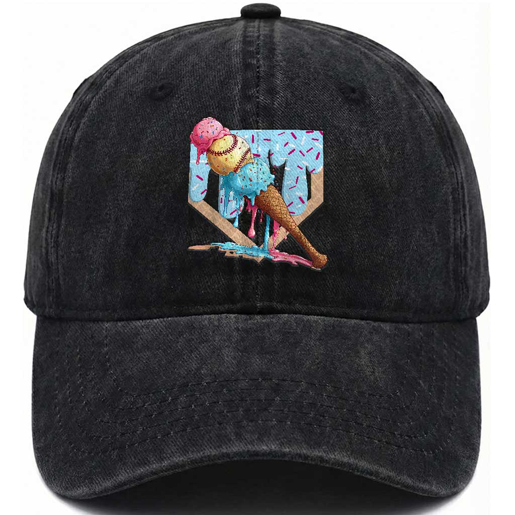 Baseball Ice Cream Dripping Washed Cotton Baseball Cap Baseball Bat Home Plate Drip