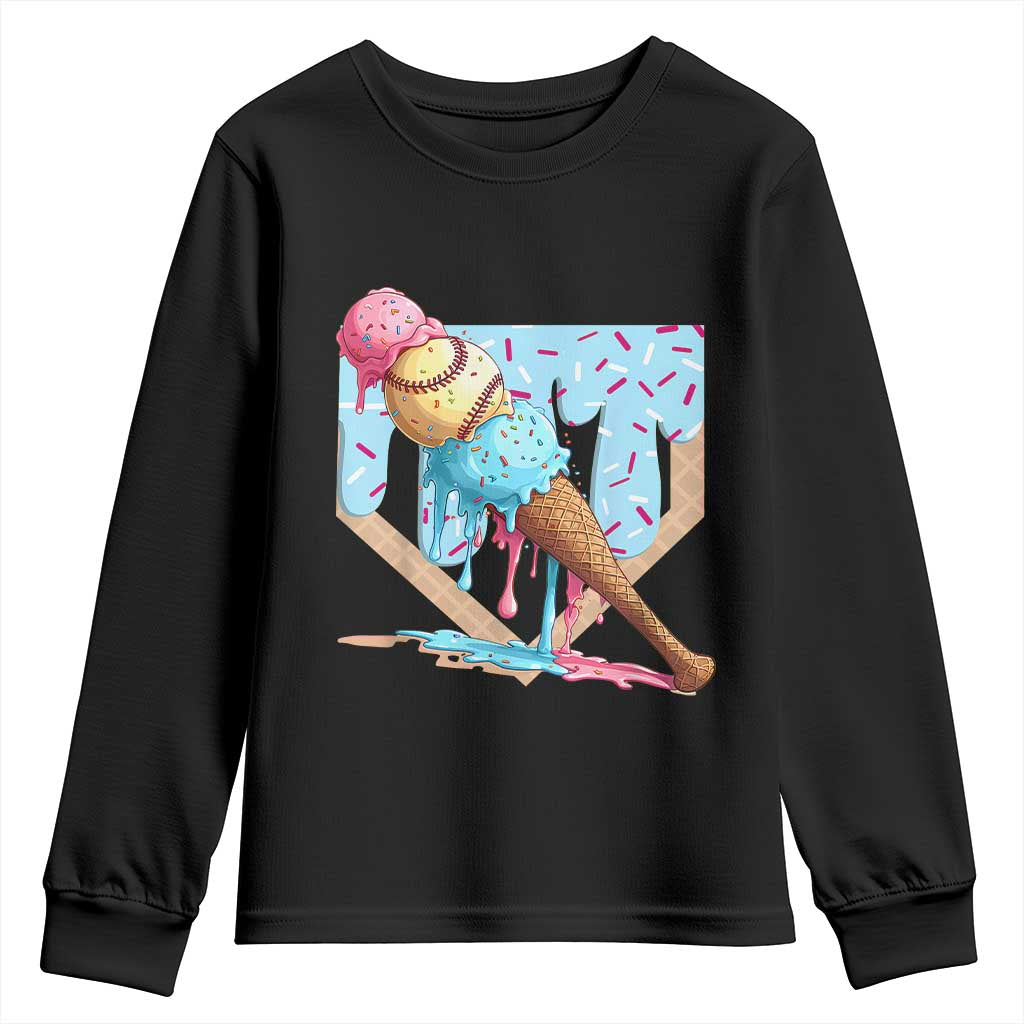 Baseball Ice Cream Dripping Youth Sweatshirt Baseball Bat Home Plate Drip