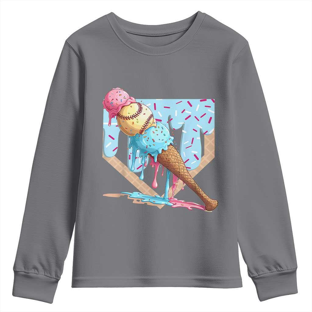 Baseball Ice Cream Dripping Youth Sweatshirt Baseball Bat Home Plate Drip