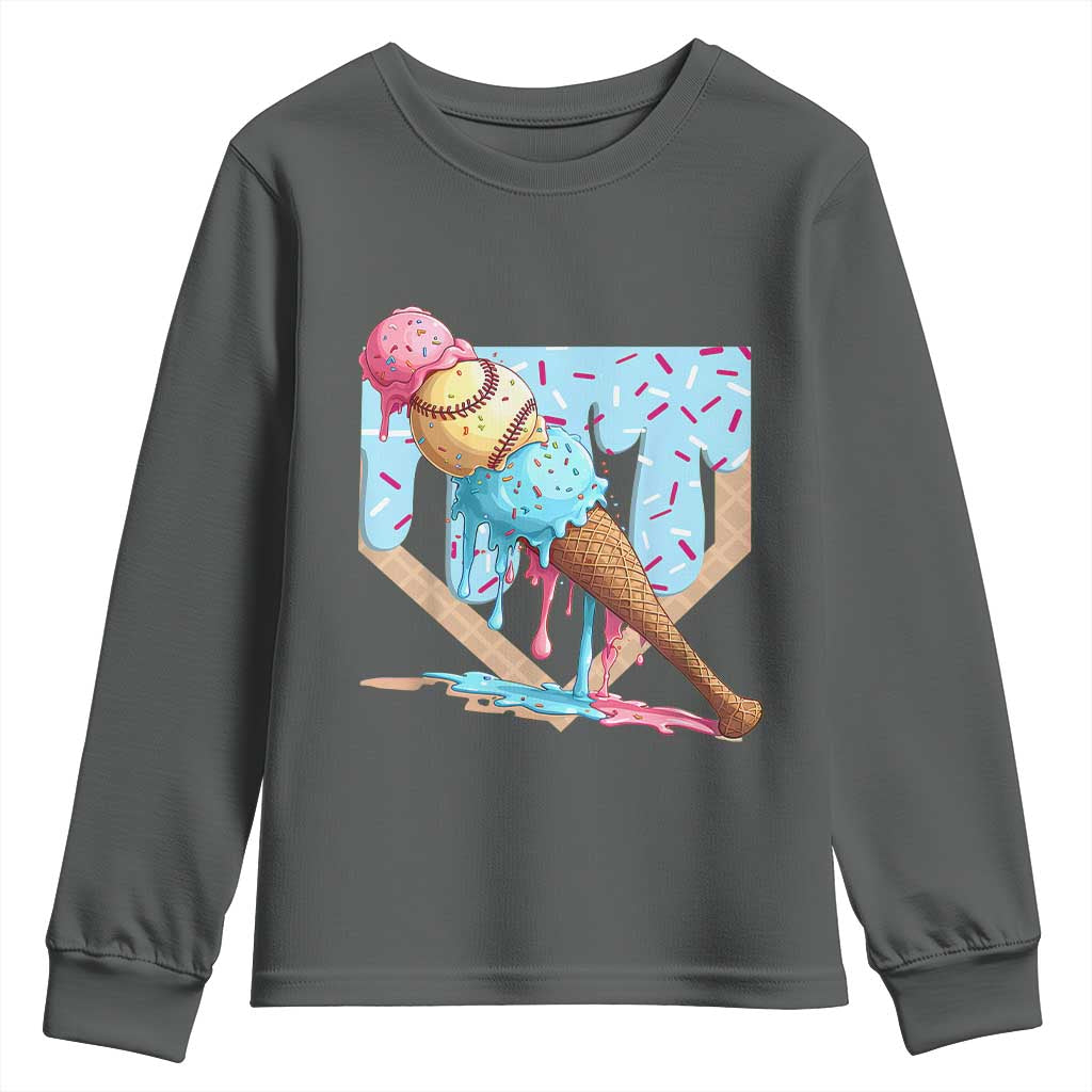 Baseball Ice Cream Dripping Youth Sweatshirt Baseball Bat Home Plate Drip