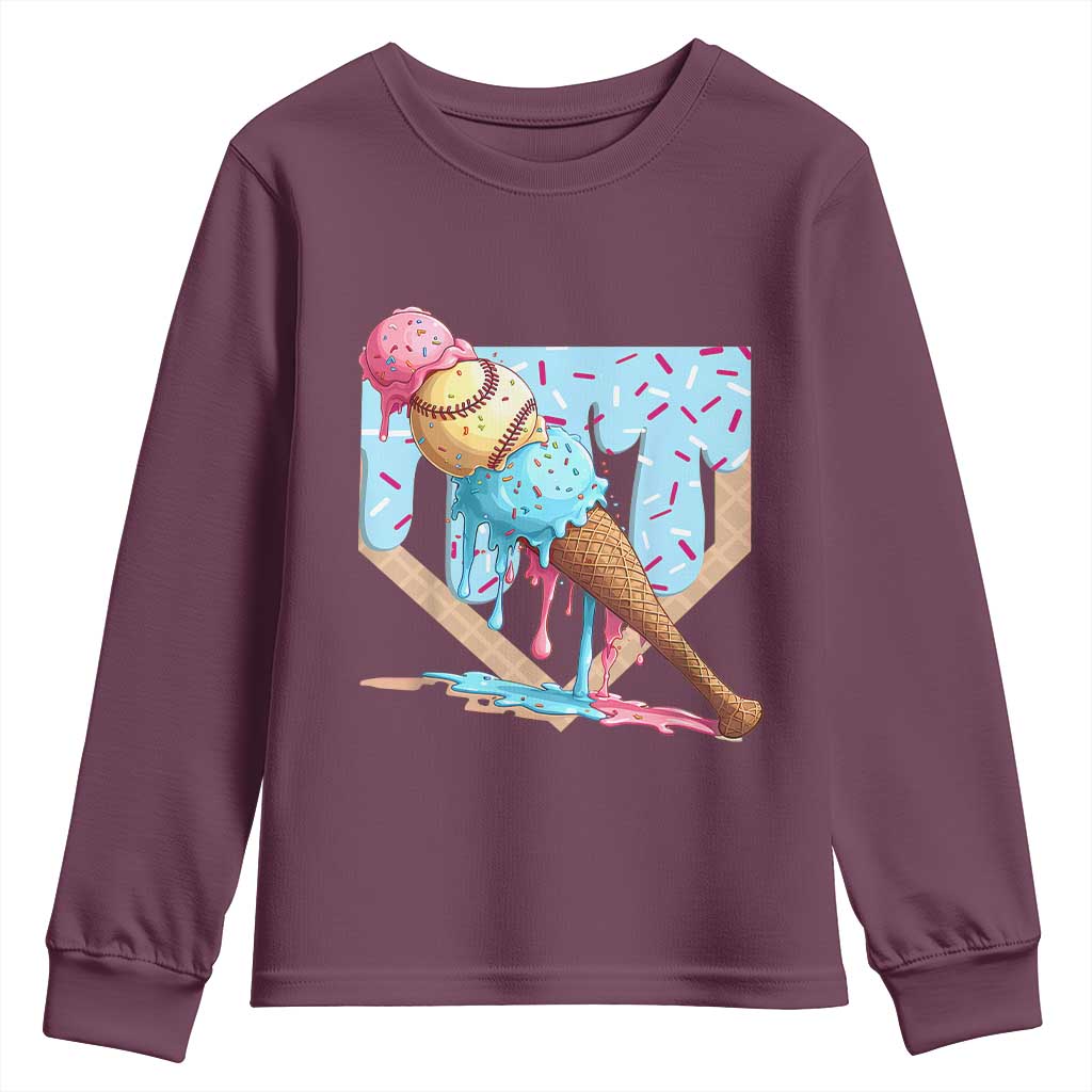 Baseball Ice Cream Dripping Youth Sweatshirt Baseball Bat Home Plate Drip