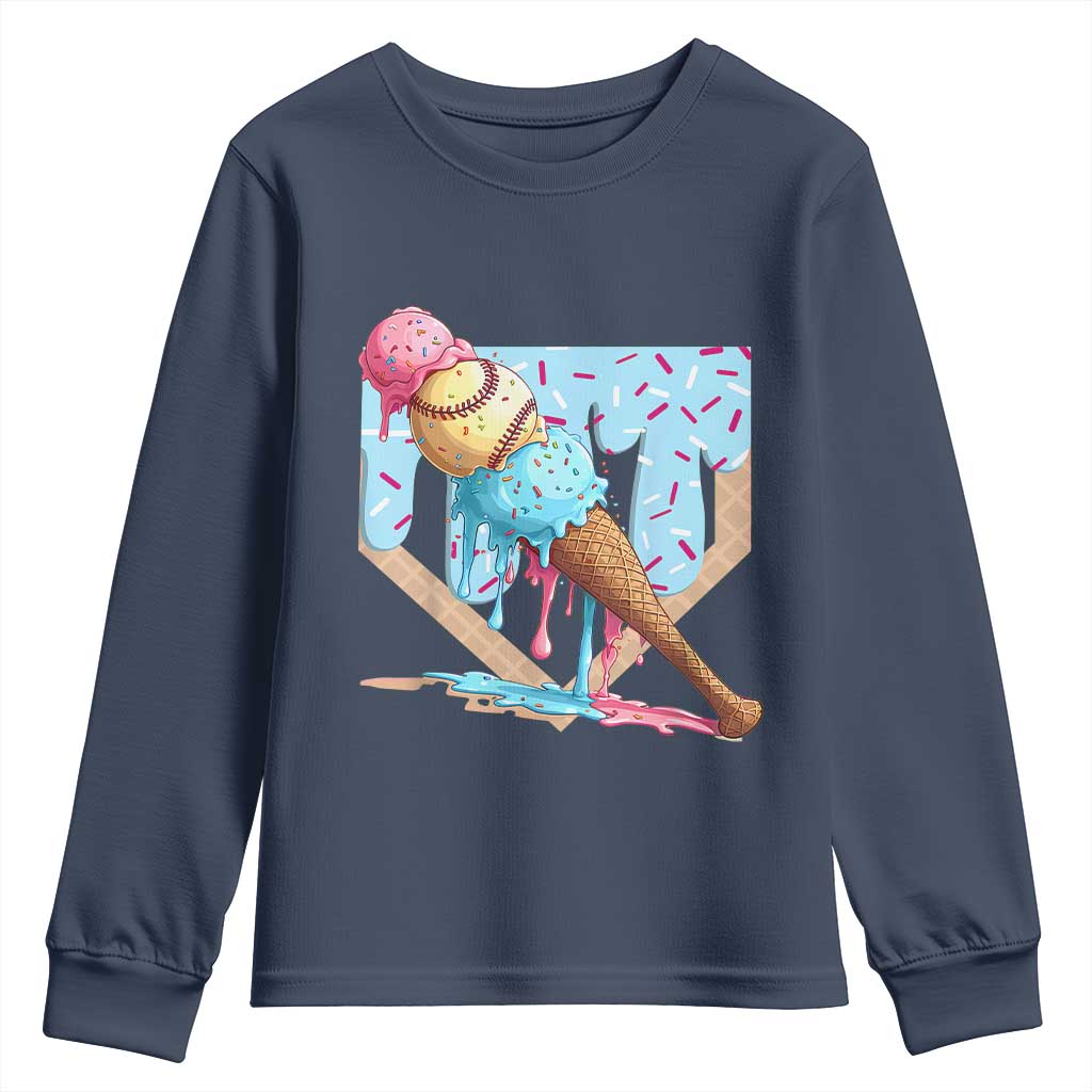 Baseball Ice Cream Dripping Youth Sweatshirt Baseball Bat Home Plate Drip