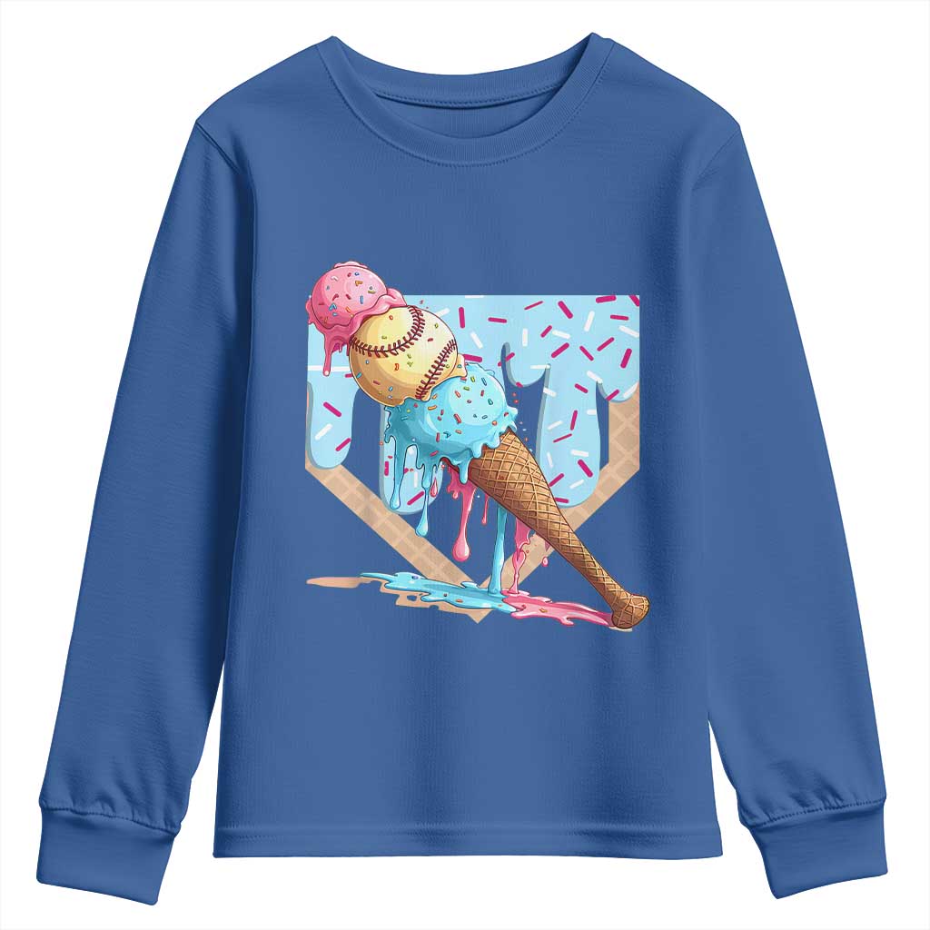 Baseball Ice Cream Dripping Youth Sweatshirt Baseball Bat Home Plate Drip