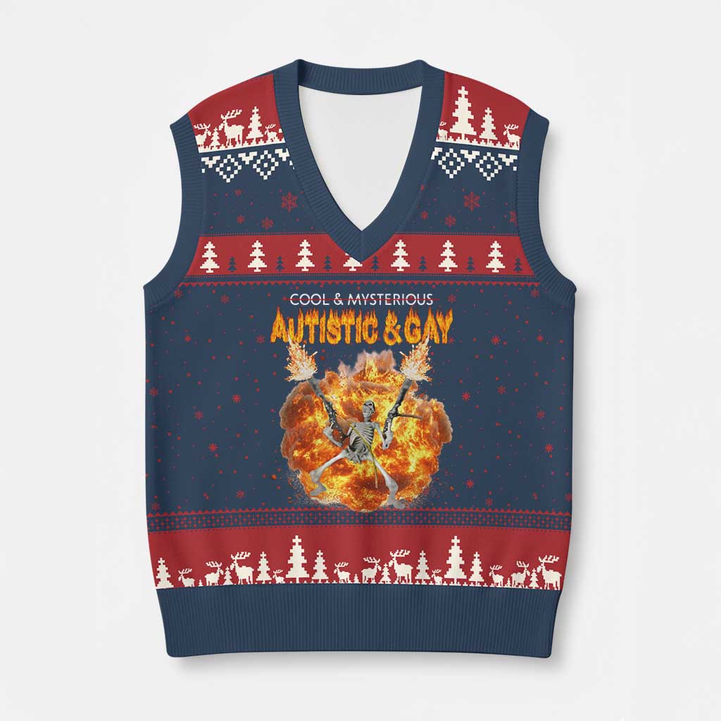 Autistic And Gay Skeleton Explosion V-Neck Knit Sweater Vest - Wonder Print Shop