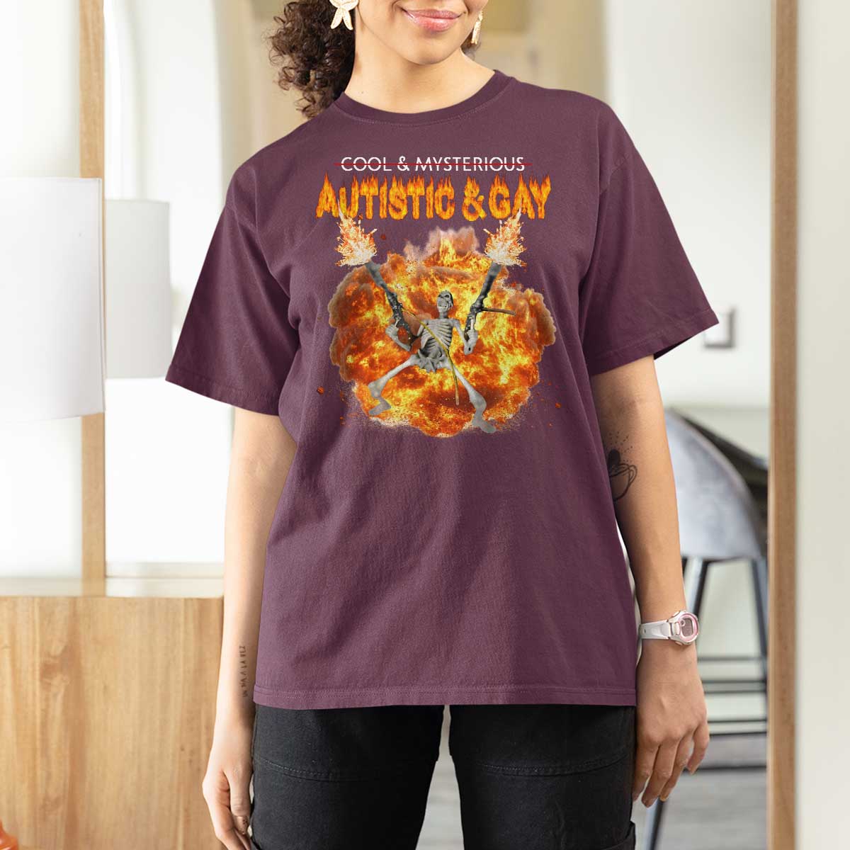 Autistic And Gay Skeleton Explosion T Shirt For Women - Wonder Print Shop