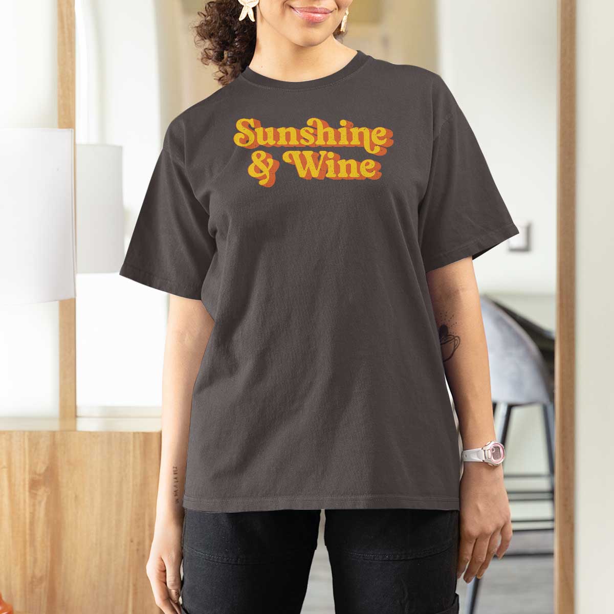 Funny Drinking T Shirt For Women Sunshine & Wine Retro Drinking Summer Vintage 70's