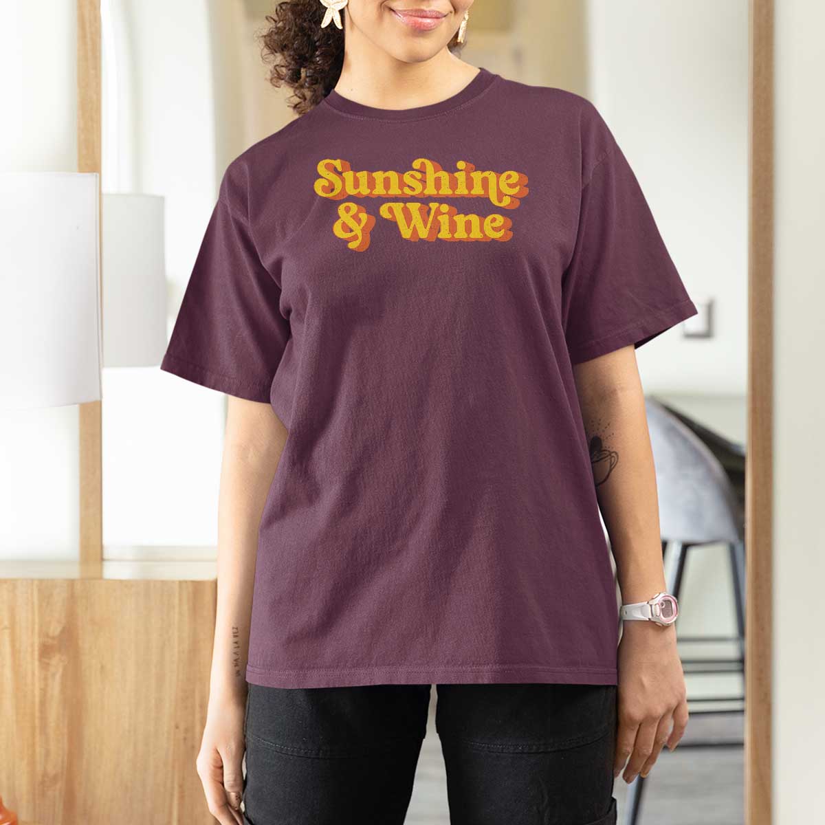 Funny Drinking T Shirt For Women Sunshine & Wine Retro Drinking Summer Vintage 70's