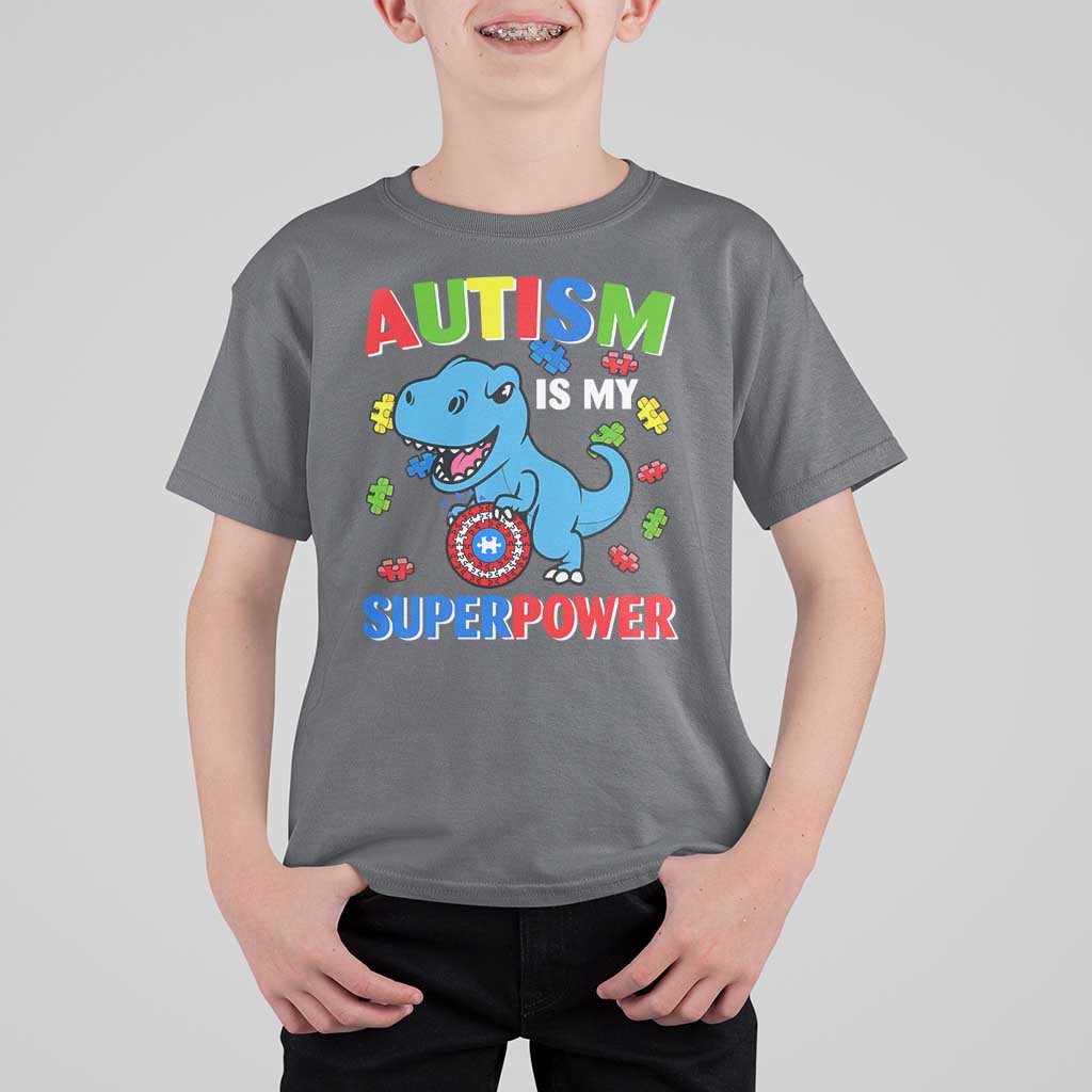 Autism Awareness Is My Superpower T Shirt For Kid Cute Dinosaur Dino Kids Boys