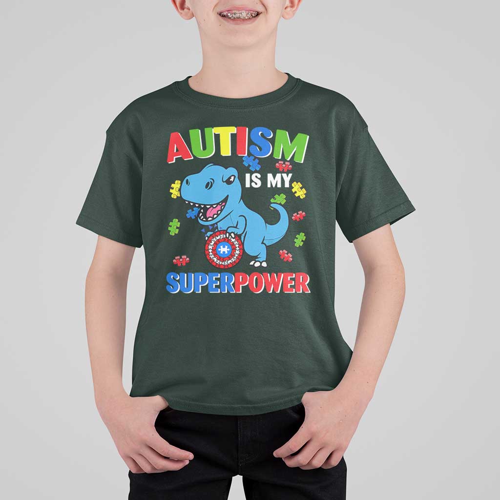 Autism Awareness Is My Superpower T Shirt For Kid Cute Dinosaur Dino Kids Boys