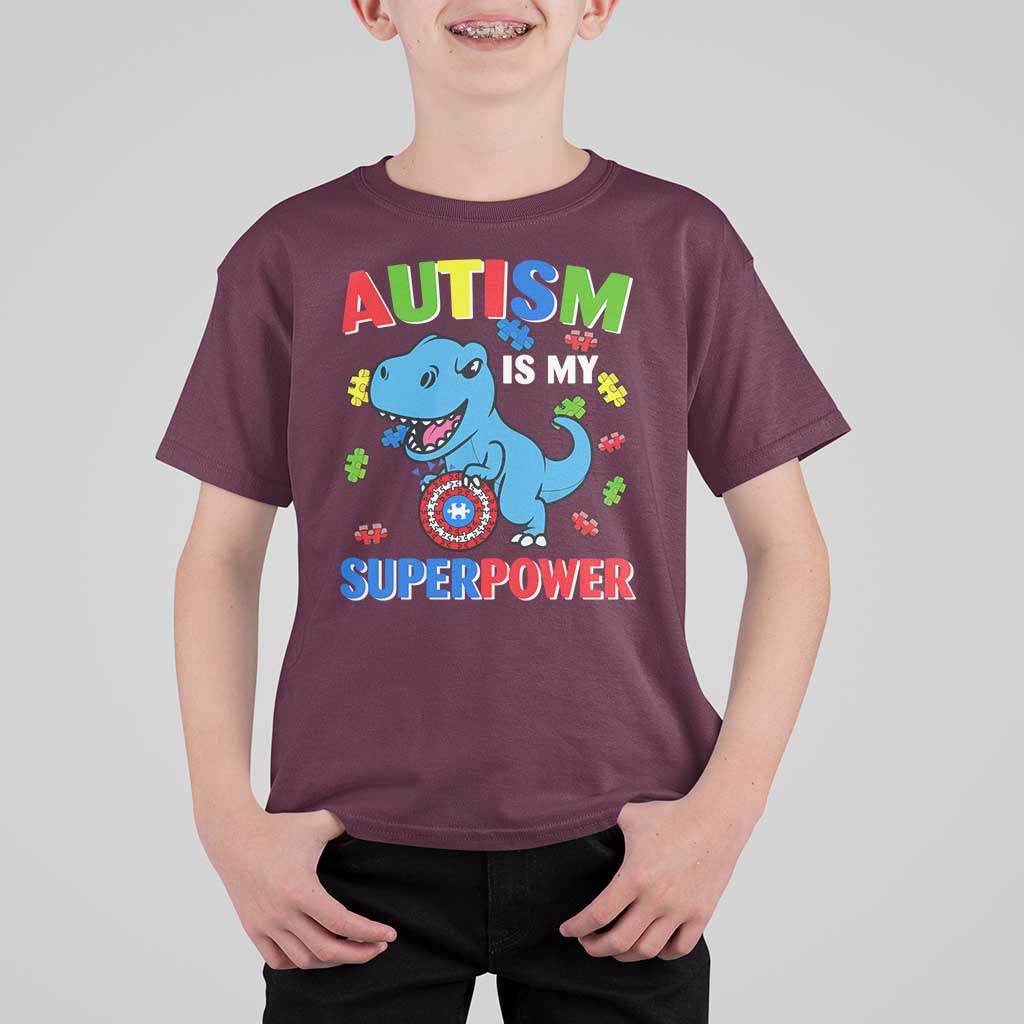 Autism Awareness Is My Superpower T Shirt For Kid Cute Dinosaur Dino Kids Boys