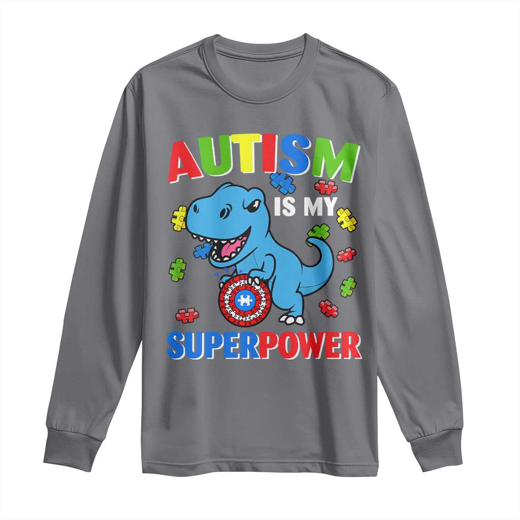 Autism Awareness Is My Superpower Long Sleeve Shirt Cute Dinosaur Dino Kids Boys