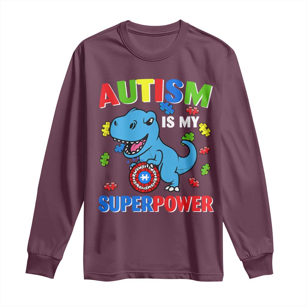 Autism Awareness Is My Superpower Long Sleeve Shirt Cute Dinosaur Dino Kids Boys