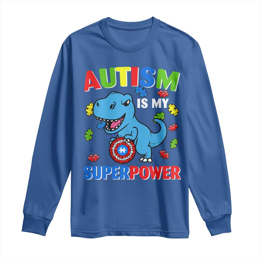 Autism Awareness Is My Superpower Long Sleeve Shirt Cute Dinosaur Dino Kids Boys