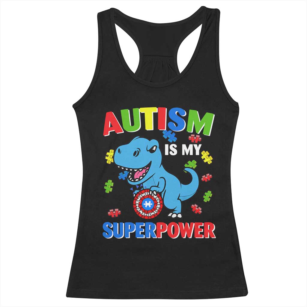 Autism Awareness Is My Superpower Racerback Tank Top Cute Dinosaur Dino Kids Boys