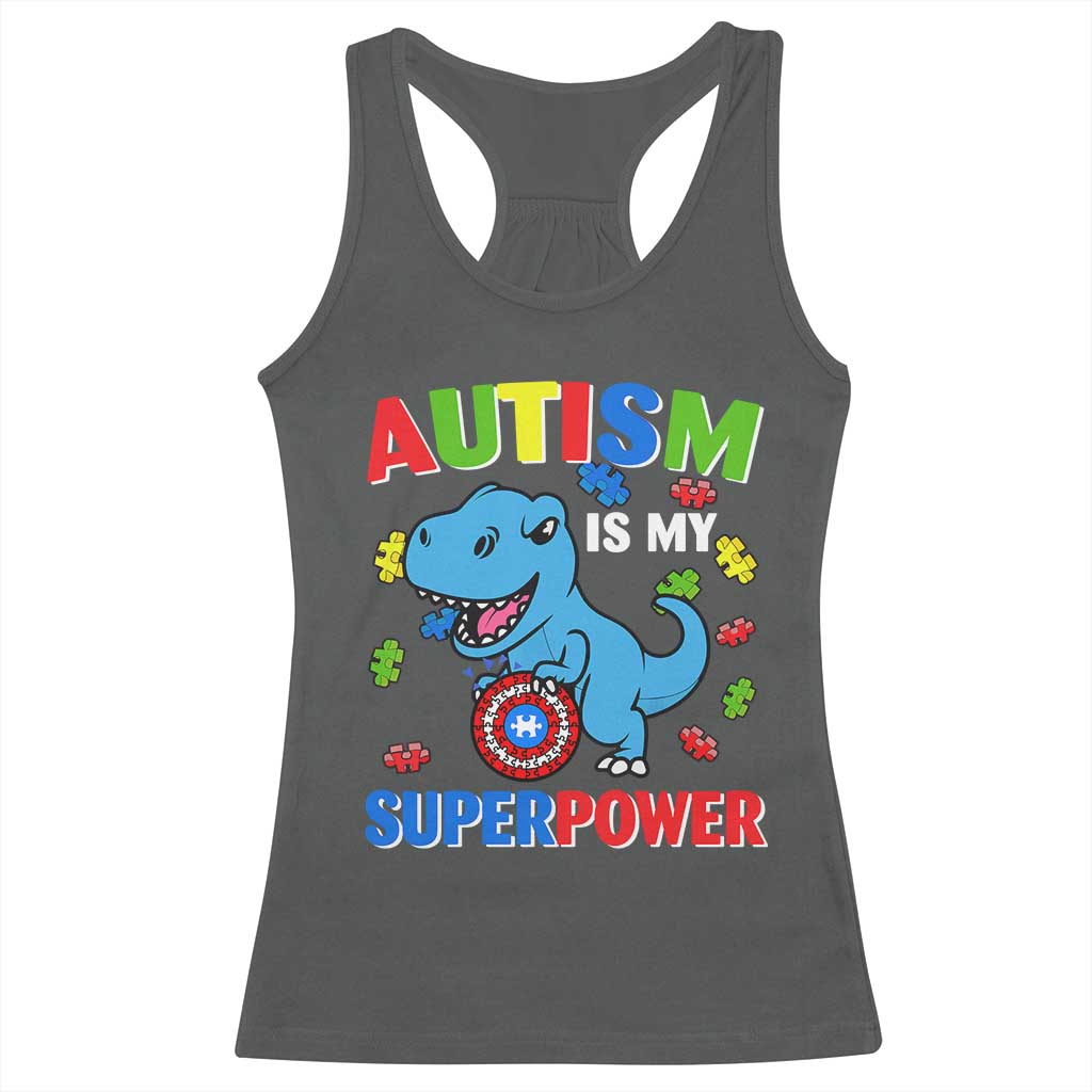 Autism Awareness Is My Superpower Racerback Tank Top Cute Dinosaur Dino Kids Boys