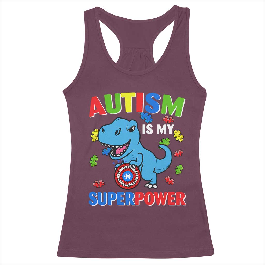 Autism Awareness Is My Superpower Racerback Tank Top Cute Dinosaur Dino Kids Boys