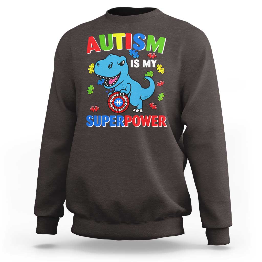 Autism Awareness Is My Superpower Sweatshirt Cute Dinosaur Dino Kids Boys