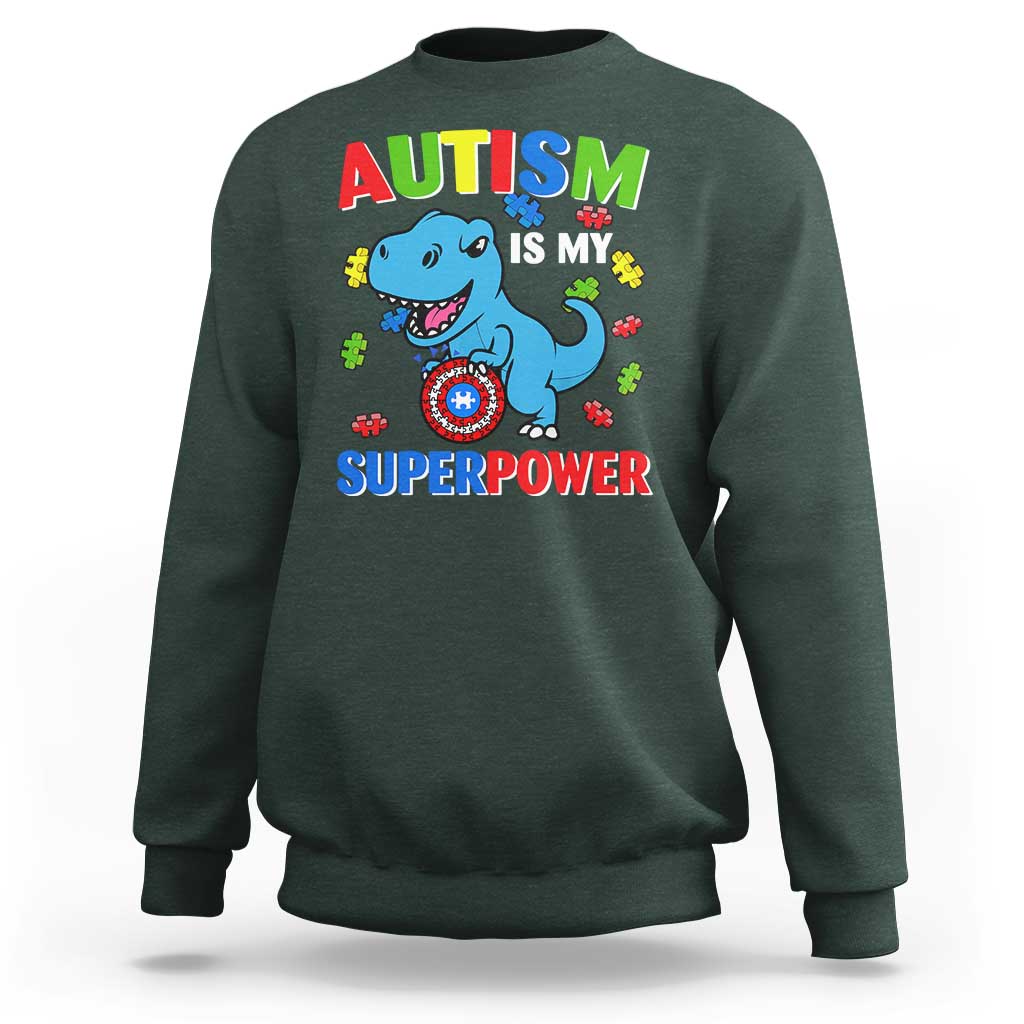 Autism Awareness Is My Superpower Sweatshirt Cute Dinosaur Dino Kids Boys