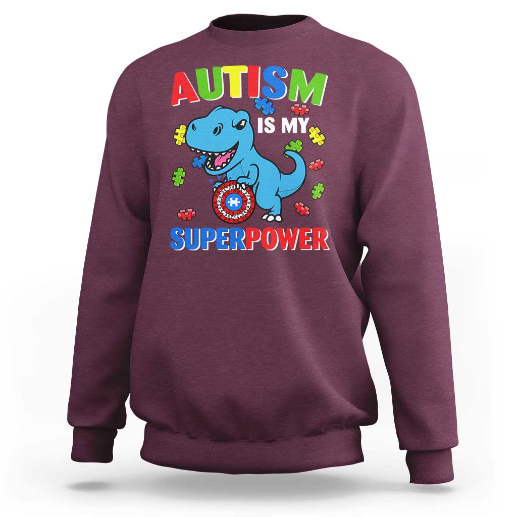 Autism Awareness Is My Superpower Sweatshirt Cute Dinosaur Dino Kids Boys