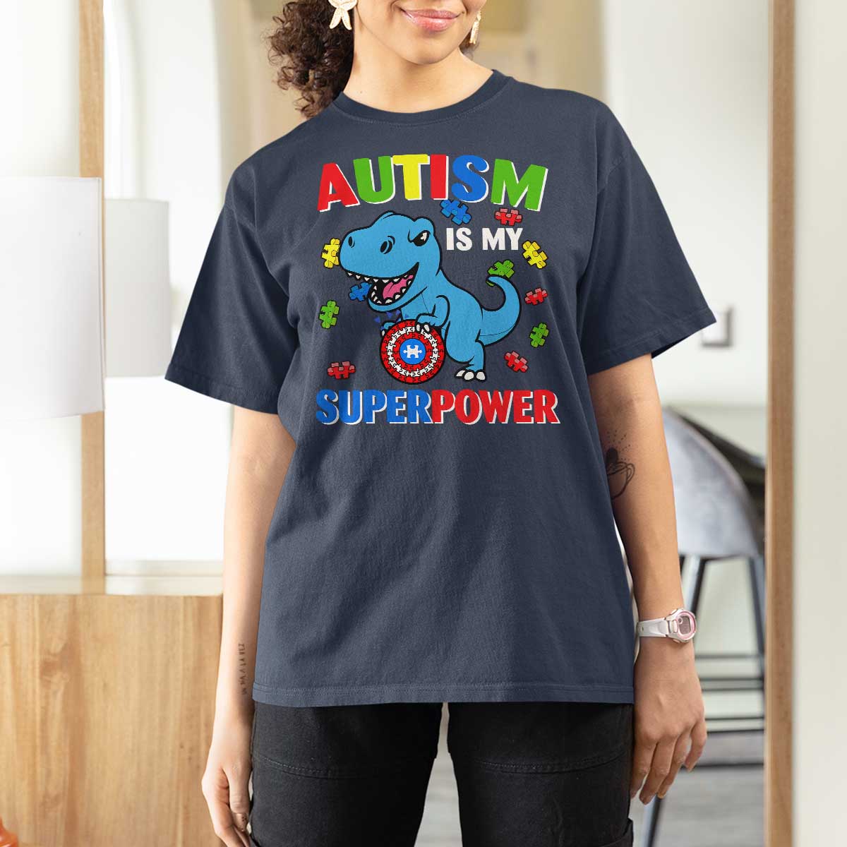 Autism Awareness Is My Superpower T Shirt For Women Cute Dinosaur Dino Kids Boys