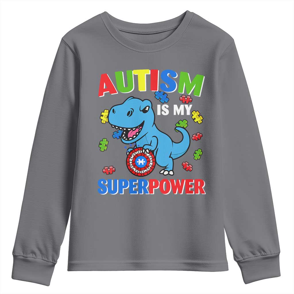 Autism Awareness Is My Superpower Youth Sweatshirt Cute Dinosaur Dino Kids Boys