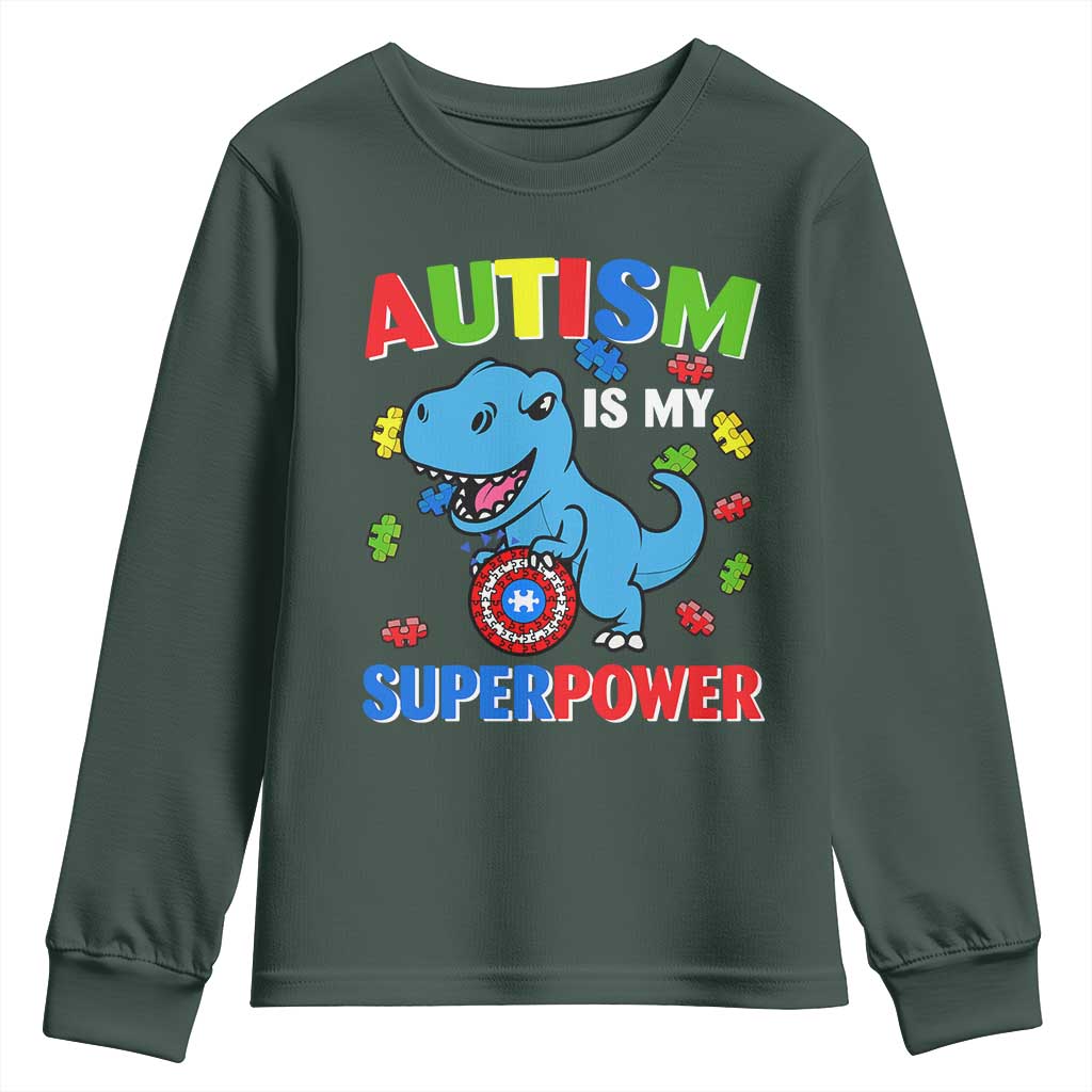 Autism Awareness Is My Superpower Youth Sweatshirt Cute Dinosaur Dino Kids Boys