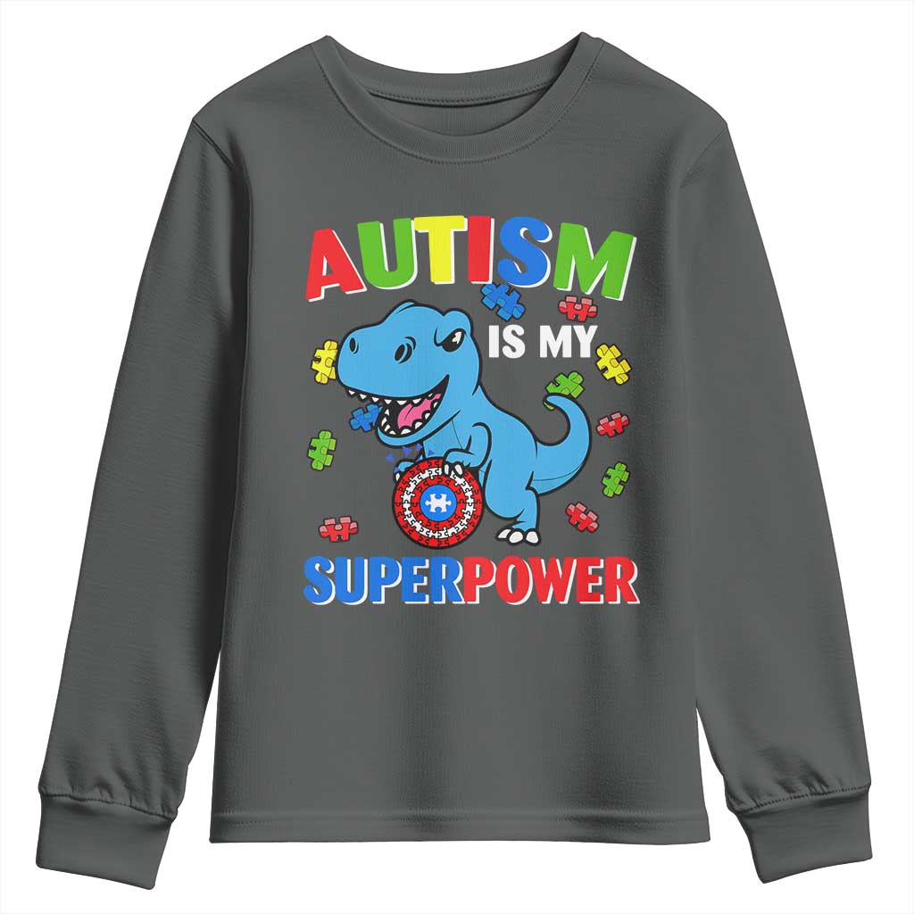 Autism Awareness Is My Superpower Youth Sweatshirt Cute Dinosaur Dino Kids Boys