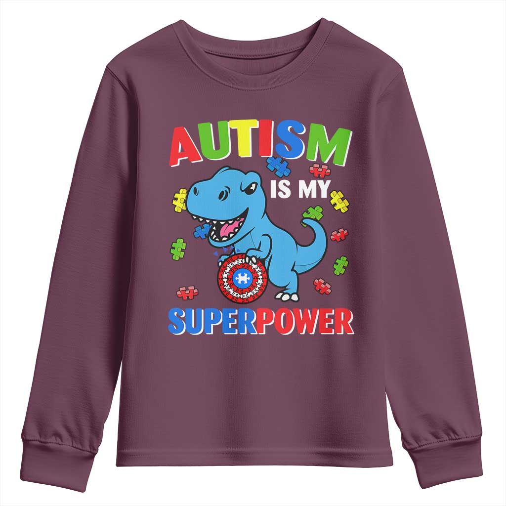 Autism Awareness Is My Superpower Youth Sweatshirt Cute Dinosaur Dino Kids Boys