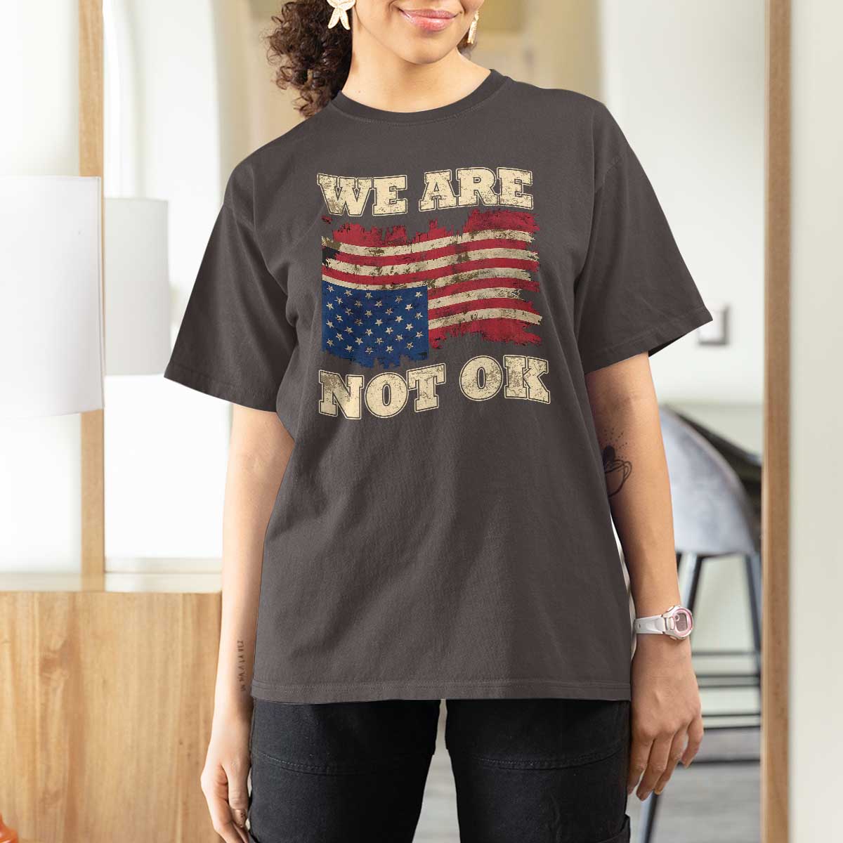 We Are Not Ok T Shirt For Women Upside down American USA Flag