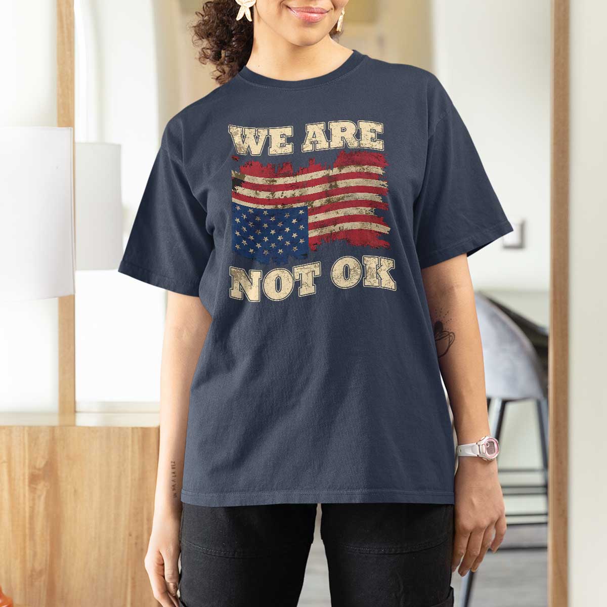 We Are Not Ok T Shirt For Women Upside down American USA Flag