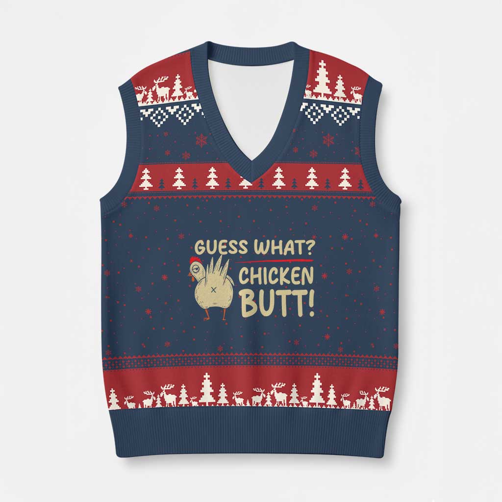 Guess What Chicken Butt V-Neck Knit Sweater Vest Funny Chicken Farmer Farming - Wonder Print Shop