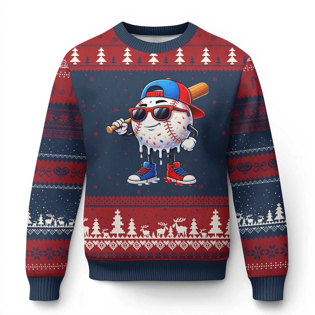 Baseball Drip Ice Cream Ugly Christmas Sweater Youth Drip Baseball Boys Kid Red White And Blue