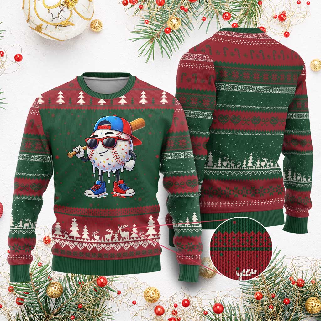 Baseball Drip Ice Cream Ugly Christmas Sweater Youth Drip Baseball Boys Kid Red White And Blue
