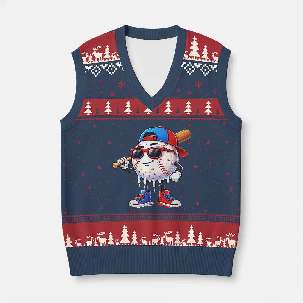 Baseball Drip Ice Cream V-Neck Knit Sweater Vest Youth Drip Baseball Boys Kid Red White And Blue