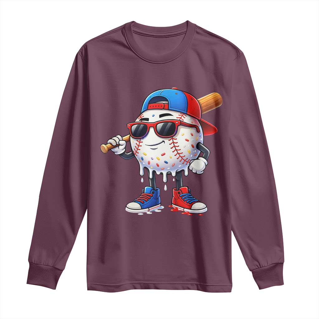 Baseball Drip Ice Cream Long Sleeve Shirt Youth Drip Baseball Boys Kid Red White And Blue
