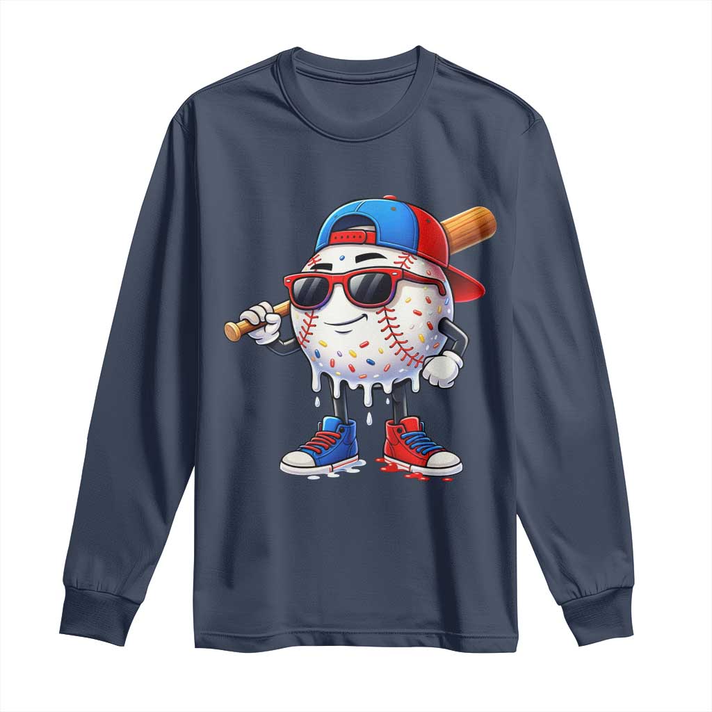Baseball Drip Ice Cream Long Sleeve Shirt Youth Drip Baseball Boys Kid Red White And Blue