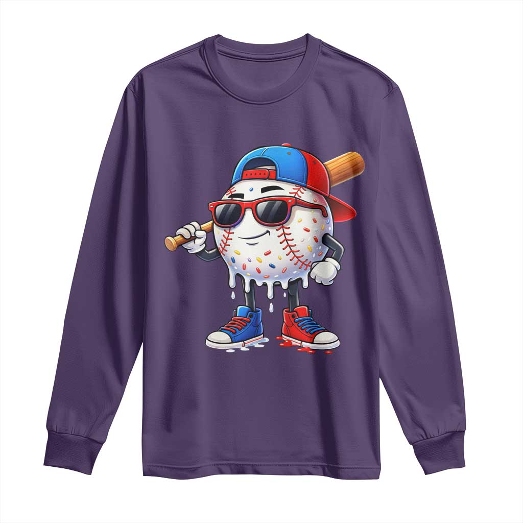 Baseball Drip Ice Cream Long Sleeve Shirt Youth Drip Baseball Boys Kid Red White And Blue