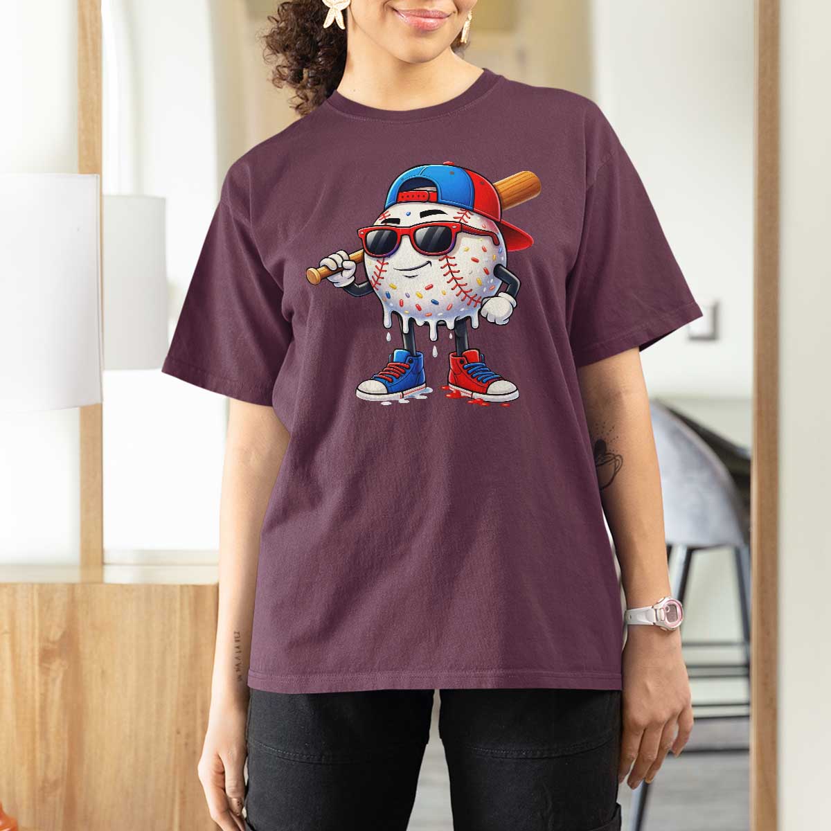 Baseball Drip Ice Cream T Shirt For Women Youth Drip Baseball Boys Kid Red White And Blue