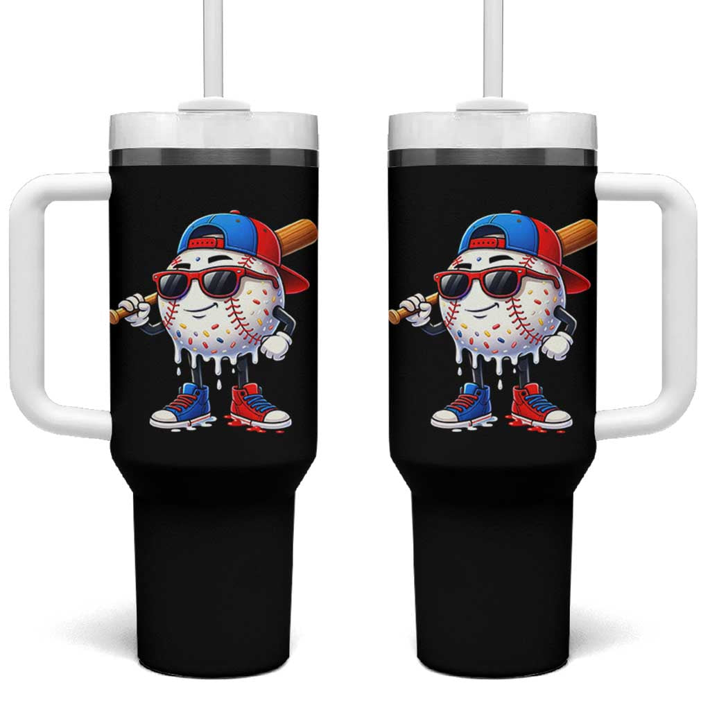 Baseball Drip Ice Cream Tumbler With Handle Youth Drip Baseball Boys Kid Red White And Blue