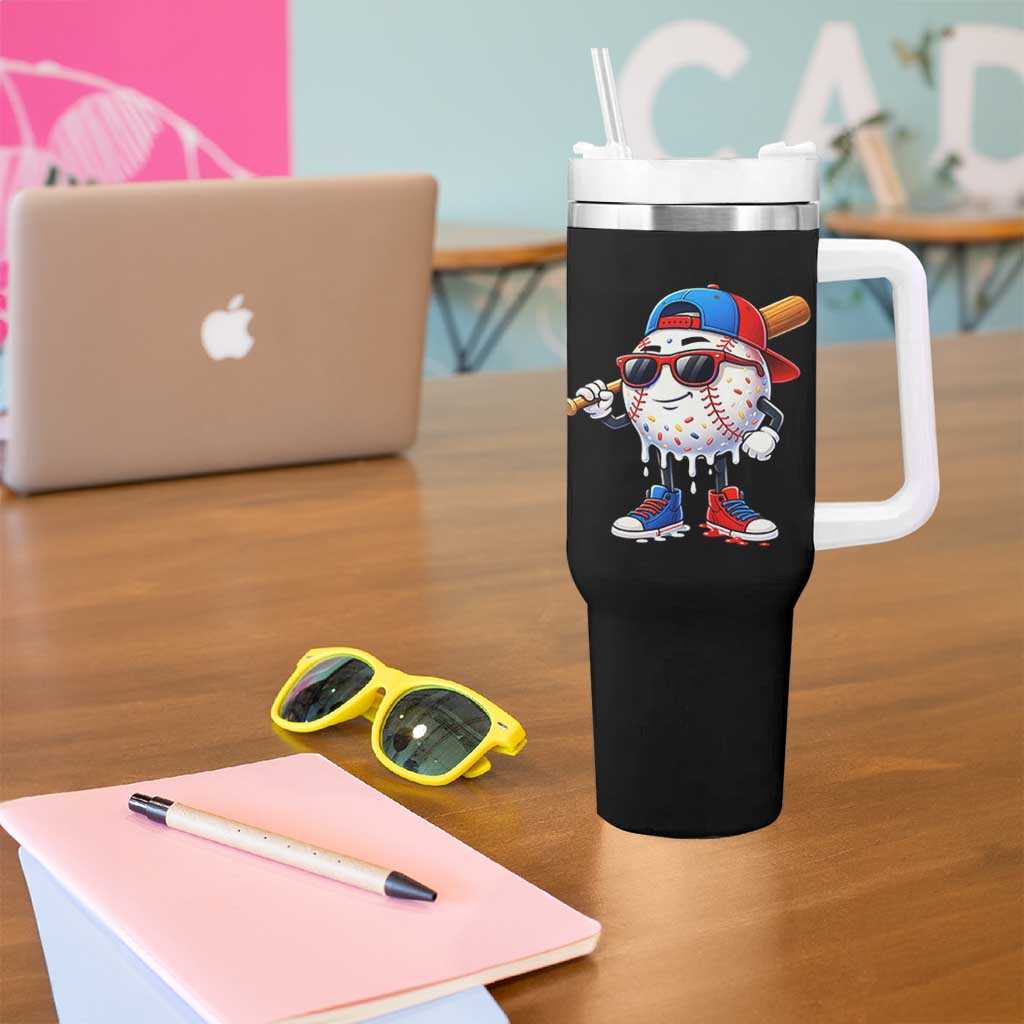 Baseball Drip Ice Cream Tumbler With Handle Youth Drip Baseball Boys Kid Red White And Blue
