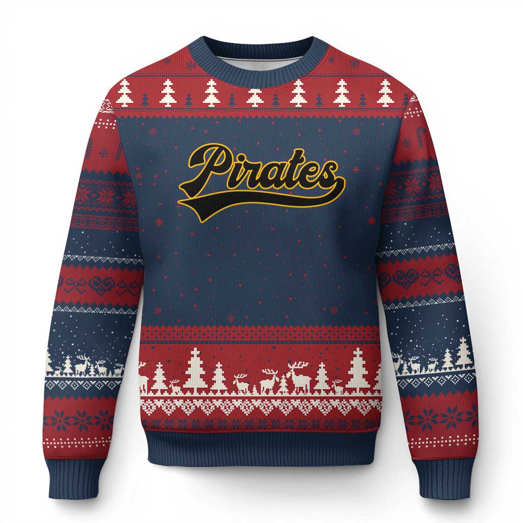 Vintage Pirates Ugly Christmas Sweater Varsity Script Retro Sports Jersey Style Baseball Fans
