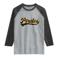 Vintage Pirates Raglan Shirt Varsity Script Retro Sports Jersey Style Baseball Fans