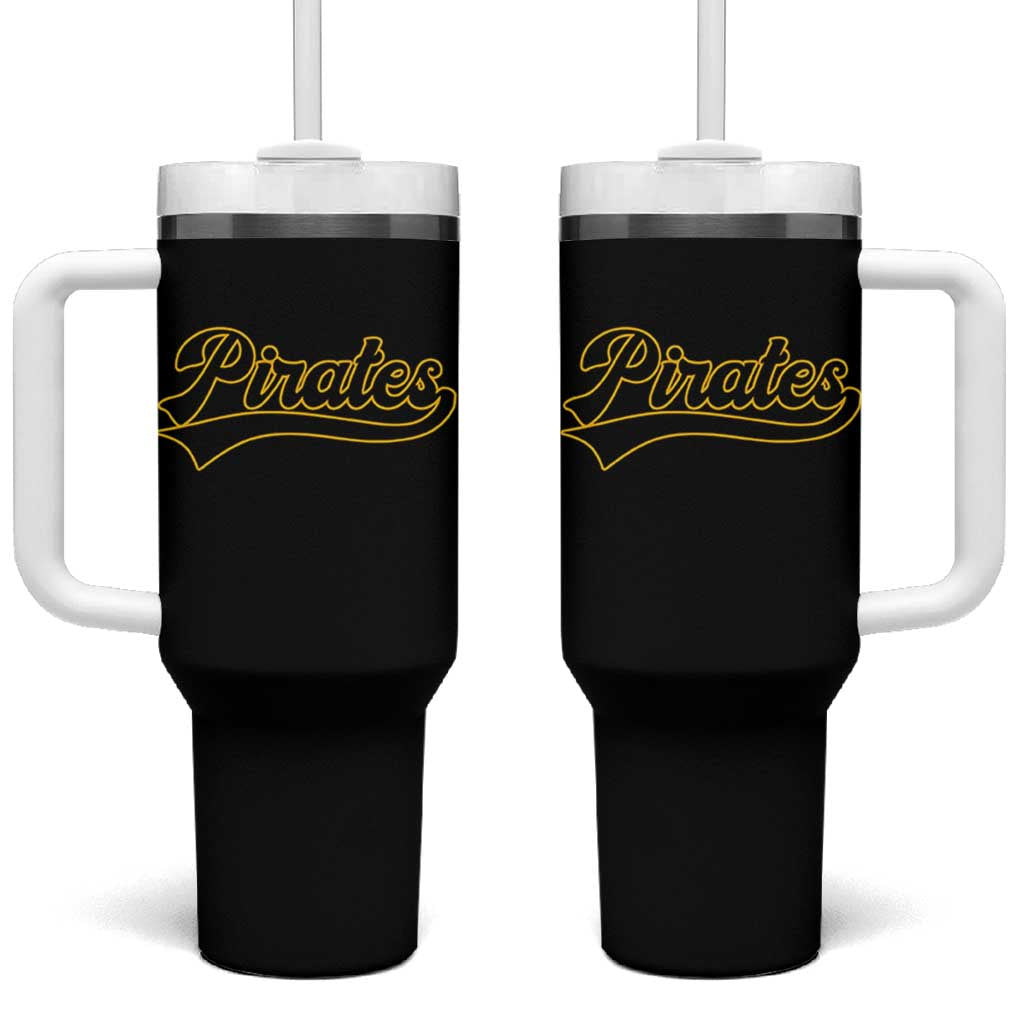 Vintage Pirates Tumbler With Handle Varsity Script Retro Sports Jersey Style Baseball Fans