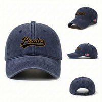 Vintage Pirates Washed Cotton Baseball Cap Varsity Script Retro Sports Jersey Style Baseball Fans