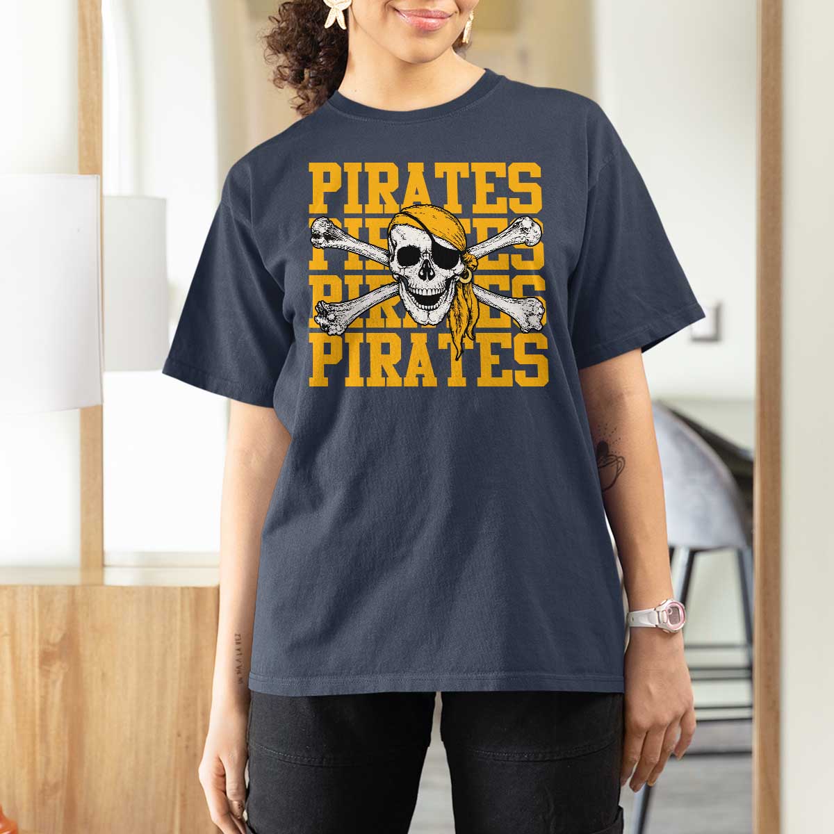 Retro Pirates T Shirt For Women Vintage Retro Skull Crossbones Baseball Fans