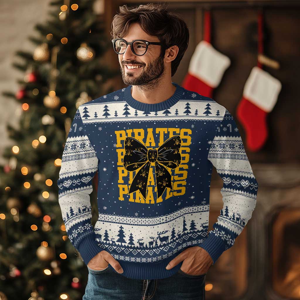 Pirates Coquette Bow Ugly Christmas Sweater Retro Sports Style Pirate Skull