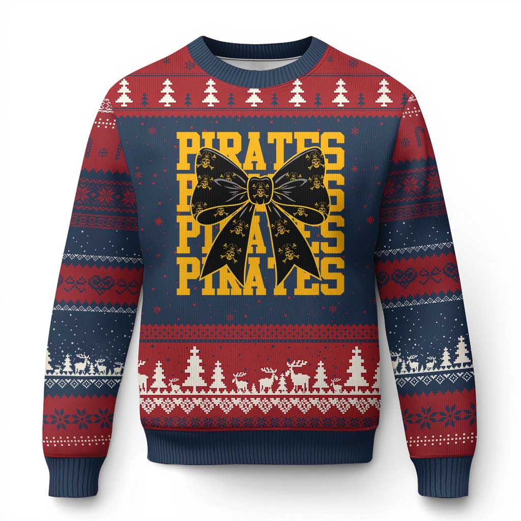 Pirates Coquette Bow Ugly Christmas Sweater Retro Sports Style Pirate Skull