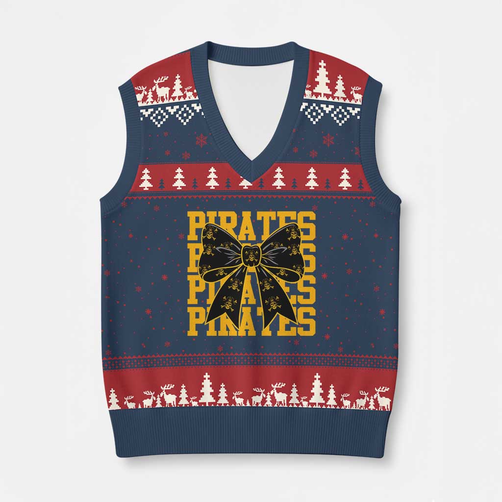 Pirates Coquette Bow V-Neck Knit Sweater Vest Retro Sports Style Pirate Skull