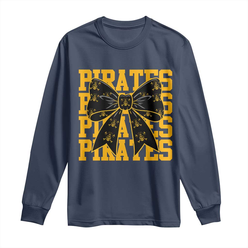 Pirates Coquette Bow Long Sleeve Shirt Retro Sports Style Pirate Skull